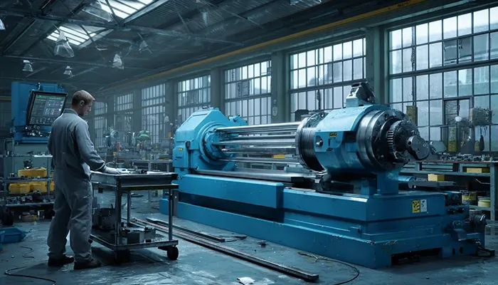 اپراتور صنعتی در کنار دستگاه تراش سنگین نیازمند روغن صنعتی برای روانکاری دقیق تجهیزات