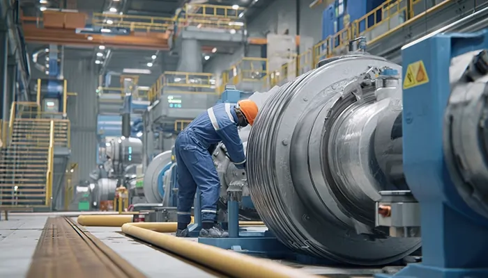 کارگر صنعتی در حال سرویس تجهیزات سنگین با استفاده از روغن صنعتی برای افزایش طول عمر دستگاه‌ها