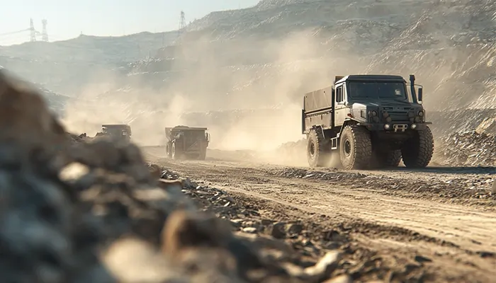 کامیون‌های سنگین در معدن کرمان در حال حرکت در جاده خاکی | روغن موتور دیزلی کرمان