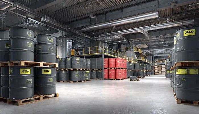 انبار بزرگ بشکه‌های روغن موتور و صنعتی با چیدمان تخصصی | پخش عمده روغن کرمان