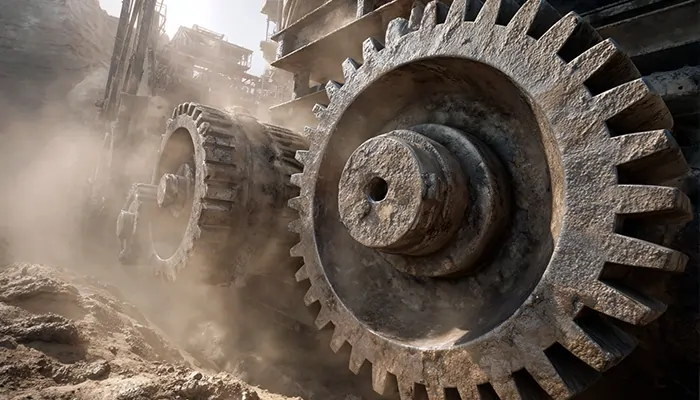 کلوزآپ چرخ‌دنده‌های غول‌پیکر ماشین‌آلات معدنی در کرمان | گریس و روغن صنعتی معادن کرمان