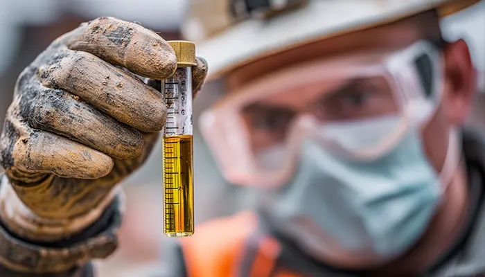 کارگر معدن در حال بررسی و نمونه‌گیری روغن موتور با لوله آزمایش | تست کیفیت روغن موتور کرمان