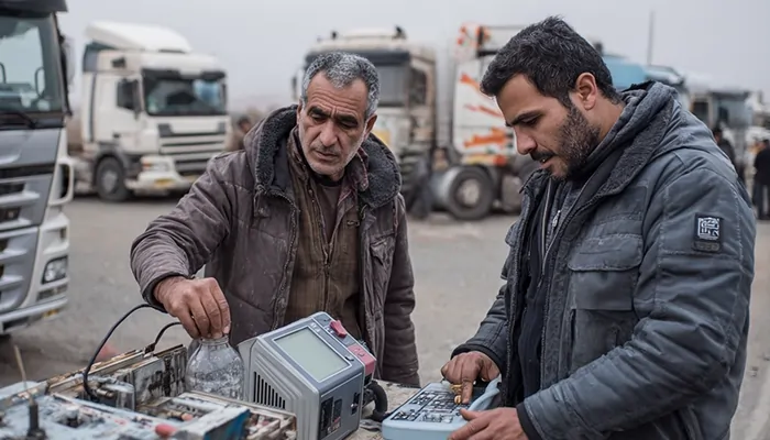 تعمیرکاران کامیون‌های سنگین در جاده کرمانشاه در حال بررسی و استفاده از روغن صنعتی برای نگهداری ناوگان حمل‌ونقل