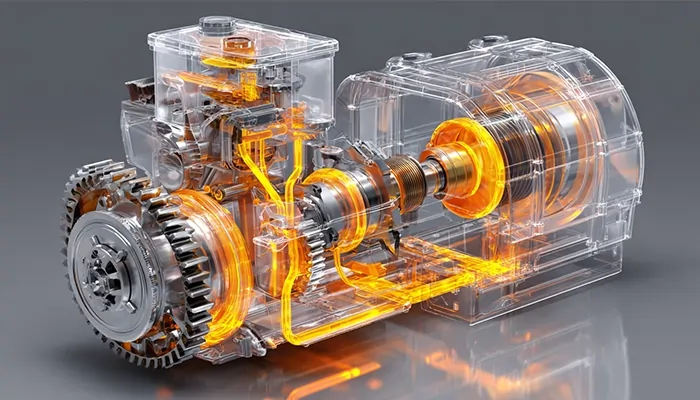 نمای داخلی گیربکس صنعتی با جریان روغن صنعتی برای روانکاری و افزایش بازدهی قطعات مکانیکی