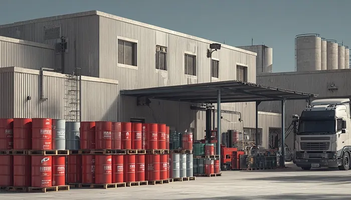 انبار و محوطه کارخانه با بشکه‌های بزرگ روغن صنعتی آماده بارگیری و توزیع