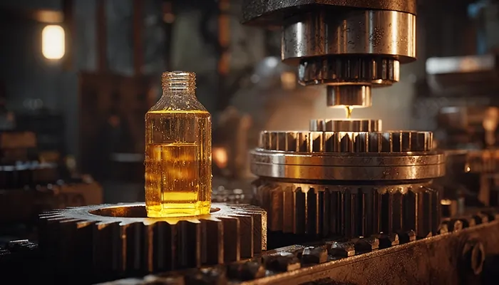 بطری روغن صنعتی در خط تولید برای روانکاری چرخ‌دنده‌ها و قطعات ماشین‌آلات سنگین
