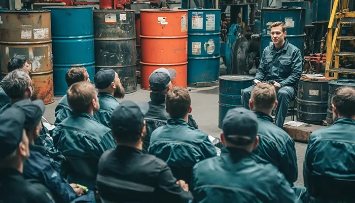 جلسه آموزشی کارکنان کارخانه در کنار بشکه‌های روغن صنعتی برای ارتقای دانش فنی و ایمنی