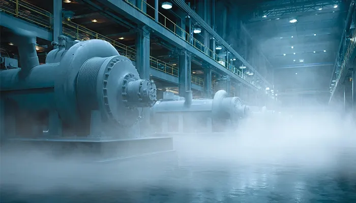 نمای داخلی کارخانه صنعتی با توربین بخار و روانکار صنعتی ضد رطوبت | روغن صنعتی در مشهد