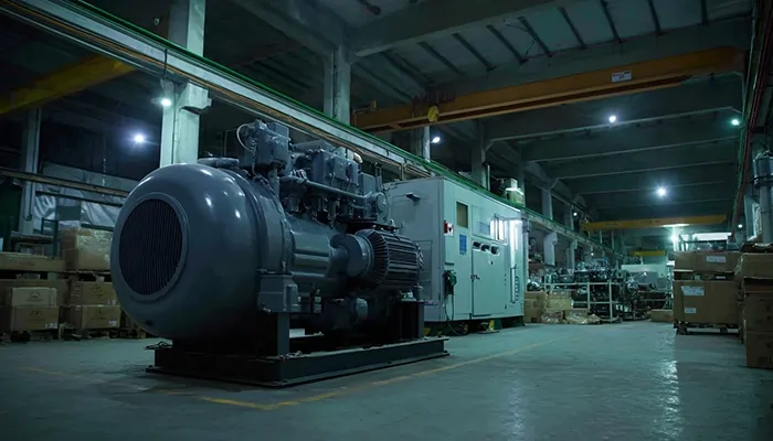 کمپرسور بزرگ در سالن تولید با روغن‌کاری تخصصی | فروش عمده روغن صنعتی مشهد