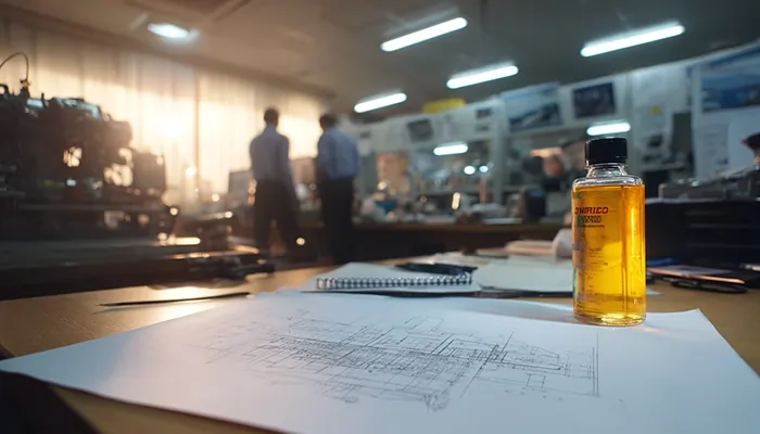 بطری نمونه روغن صنعتی روی میز طراحی مهندسی | خرید روغن صنعتی در مشهد