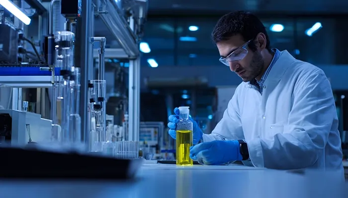 کارشناس آزمایشگاه در حال تست کیفیت روغن صنعتی | بهترین روغن صنعتی مشهد