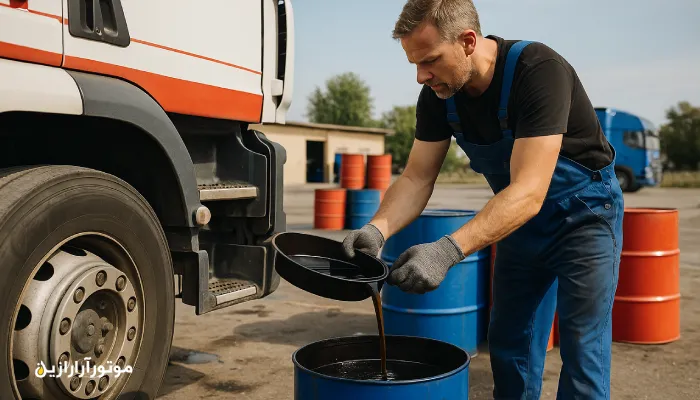 مکانیک در حال تعویض و تخلیه روغن موتور کامیون سنگین در تعمیرگاه بین‌راهی یزد، همراه با بشکه‌های آبی و قرمز روغن موتور