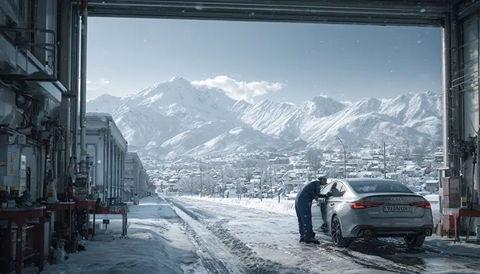 مکانیک در حال سرویس خودرو در شرایط برفی با استفاده از روغن صنعتی مناسب برای سرمای شدید