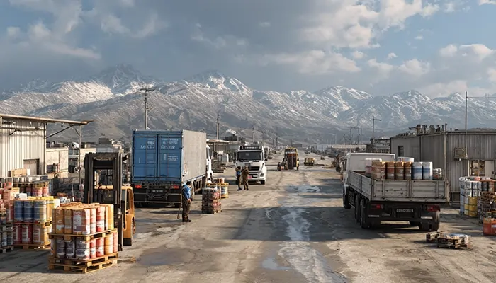 محوطه بارگیری و تخلیه کامیون‌ها با بشکه‌های بزرگ روغن صنعتی در منطقه کوهستانی