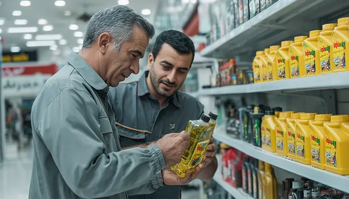 مشتریان در حال بررسی و خرید بطری‌های روغن صنعتی در فروشگاه تخصصی روانکار