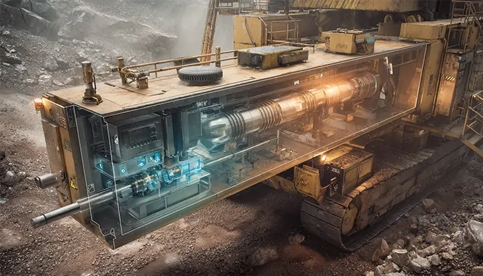 نمای داخلی ماشین‌آلات معدنی سنگین با موتور نیازمند روغن صنعتی برای روانکاری و دوام در شرایط سخت