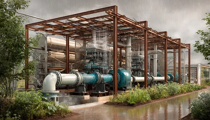 تأسیسات صنعتی در فضای باز و بارانی با تجهیزات نیازمند سرویس و روغن صنعتی مقاوم در برابر رطوبت