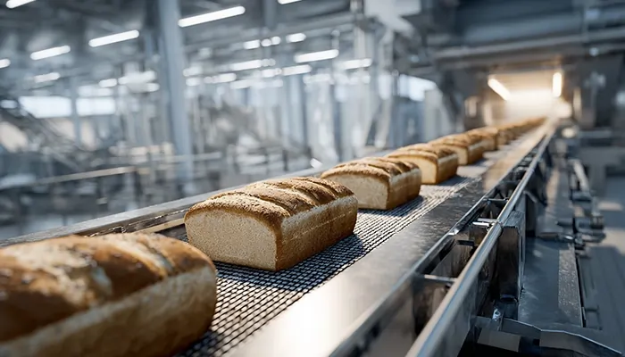 خط تولید نان صنعتی که نیازمند روغن صنعتی خوراکی برای روانکاری تجهیزات و رعایت ایمنی غذایی است
