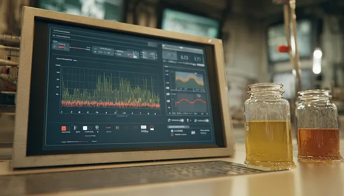 نمای مانیتورینگ آزمایشگاهی همراه با نمونه‌های روغن صنعتی برای بررسی کیفیت و کارایی روانکار