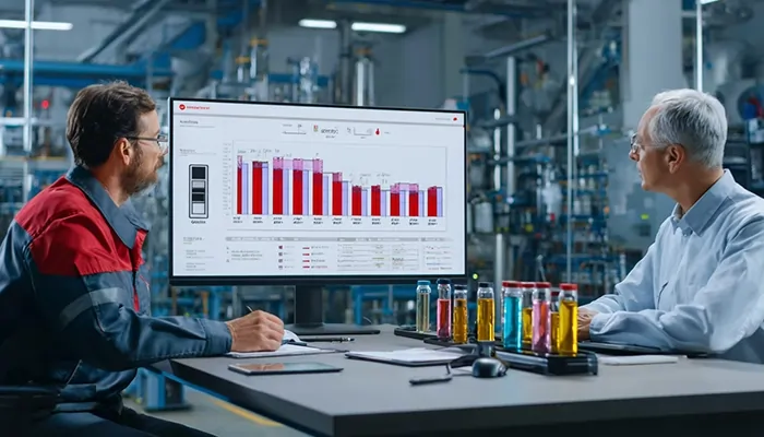 دو کارشناس صنعتی در حال بررسی نتایج آزمایشگاهی و نمونه‌های روغن صنعتی برای بهبود عملکرد تجهیزات