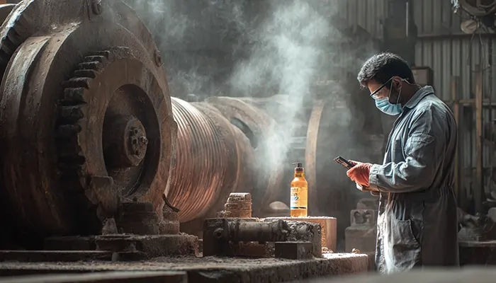 کارگر صنعتی با بطری روغن موتور در محیط کارگاهی | خرید روغن موتور رشت