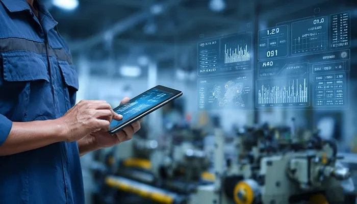 اپراتور با تبلت در حال پایش داده‌های دیجیتال خط تولید | فروش روغن صنعتی هوشمند در رشت