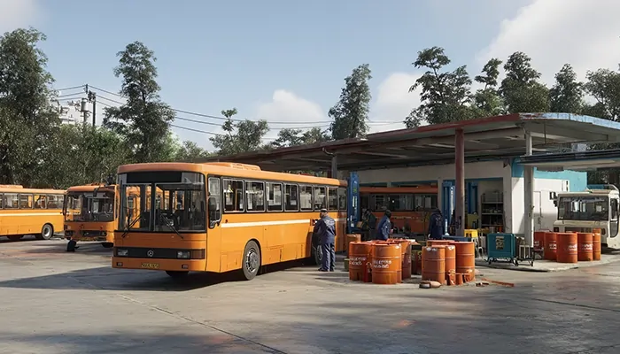 ایستگاه سرویس‌دهی اتوبوس‌ها با استفاده از روغن صنعتی برای تعویض و نگهداری ناوگان شهری