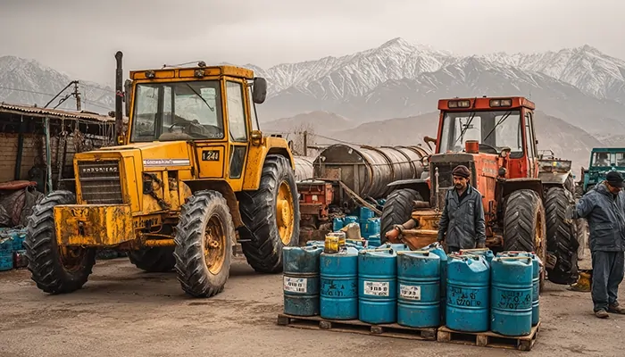 تراکتورهای کشاورزی در حال دریافت روغن صنعتی برای بهبود عملکرد ماشین‌آلات در مناطق سردسیر