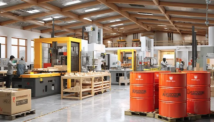 خط تولید کارخانه مجهز با بشکه‌های نارنجی روغن صنعتی جهت استفاده در ماشین‌آلات و روانکاری تجهیزات