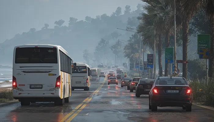«جاده بارانی شمال ایران با ترافیک خودروها و اتوبوس در کنار ساحل». موتور آرا رازین