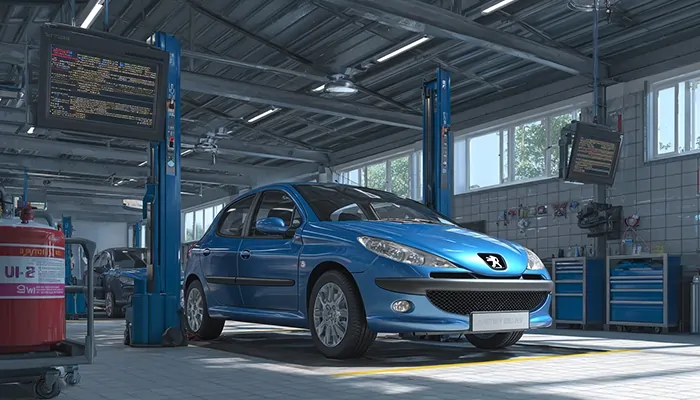 «پژو آبی ۲۰۶ در تعمیرگاه مدرن خودرو با تجهیزات مکانیکی»