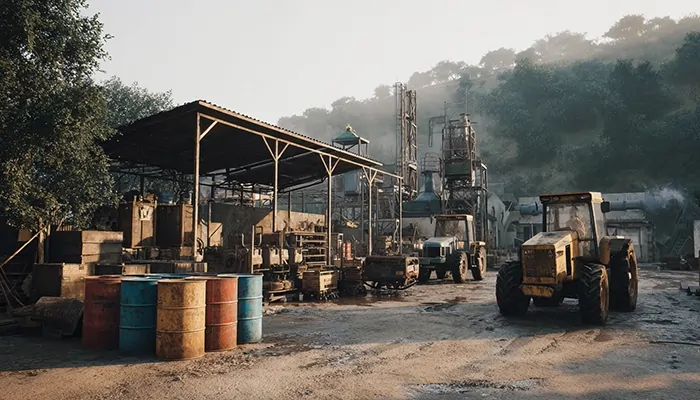 کارگاه محلی با تراکتور و بشکه‌های روغن صنعتی در ساری برای پشتیبانی تجهیزات کشاورزی