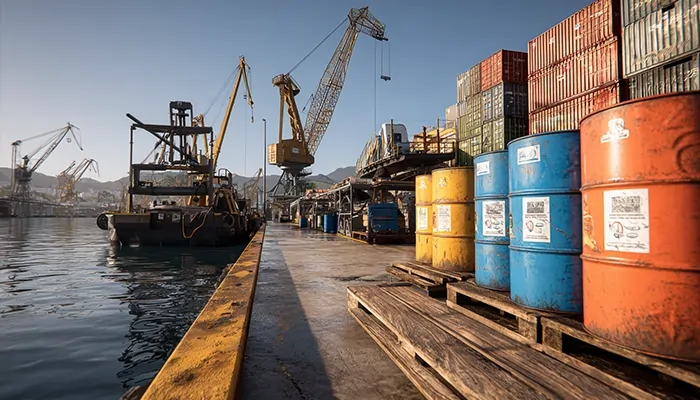 اسکله تجاری در ساری با بشکه‌های روغن صنعتی آماده صادرات و تأمین صنایع دریایی