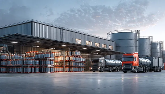 انبار بشکه روغن صنعتی و تانکرهای حمل در حال بارگیری | پخش عمده روغن صنعتی شیراز