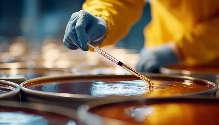 کارشناس آزمایشگاه در حال نمونه‌گیری از بشکه روغن صنعتی | تست کیفیت روغن صنعتی شیراز