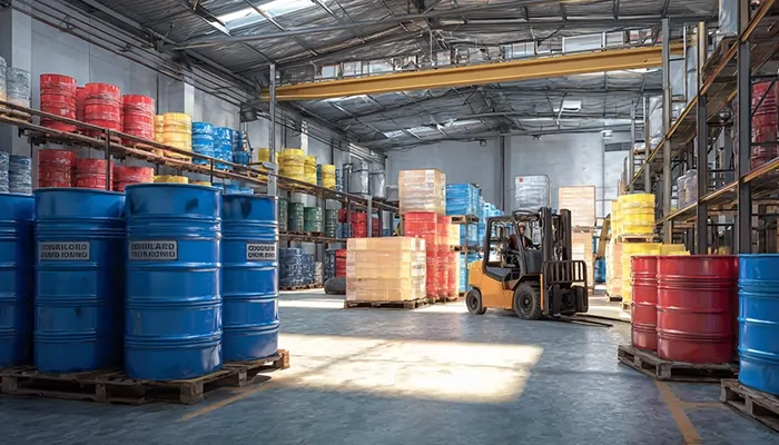 انبار بشکه‌های روغن صنعتی با لیفتراک در حال جابجایی | پخش عمده روغن صنعتی تبریز