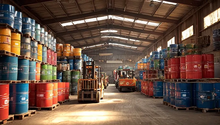 انبار بزرگ روغن موتور و صنعتی با لیفتراک و کامیون بارگیری | فروش عمده روغن موتور تبریز
