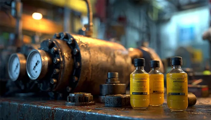 بطری‌های روغن صنعتی در تهران روی میز کارگاه مکانیکی کنار پمپ و گیج فشار.