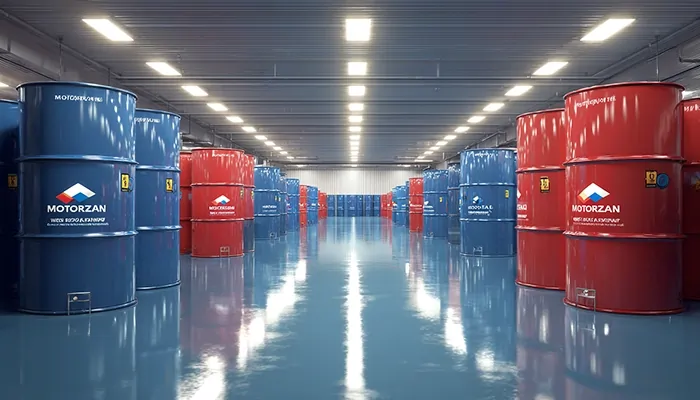 بشکه‌های روغن صنعتی در تهران با برند موتورازین در انبار مجهز و استاندارد.