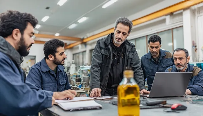 تیم فنی مهندسی در تهران در حال بررسی کیفیت روغن صنعتی و مستندسازی.