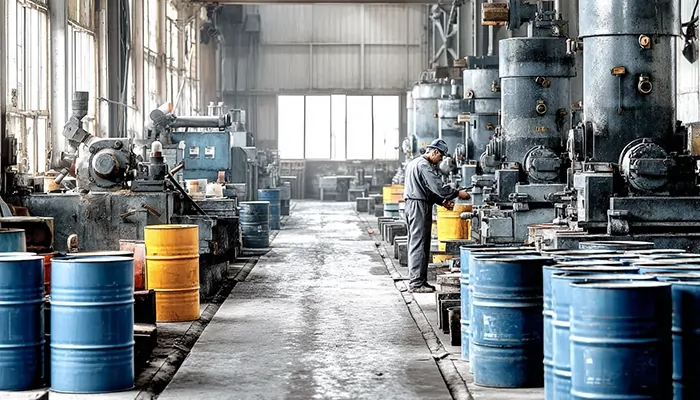 کارگر صنعتی در تهران کنار بشکه‌های روغن صنعتی در سالن تولید کارخانه.