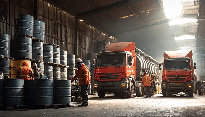 بارگیری و حمل‌ونقل بشکه‌های روغن صنعتی در تهران با کامیون‌های سنگین.