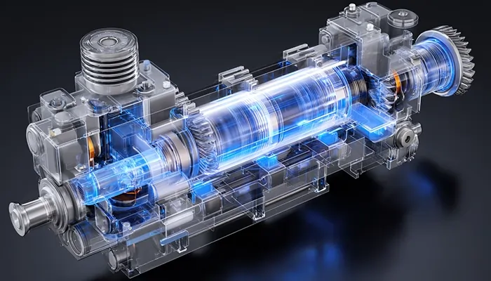 نمای داخلی شفاف از گیربکس و کمپرسور با گردش روغن صنعتی در تهران.