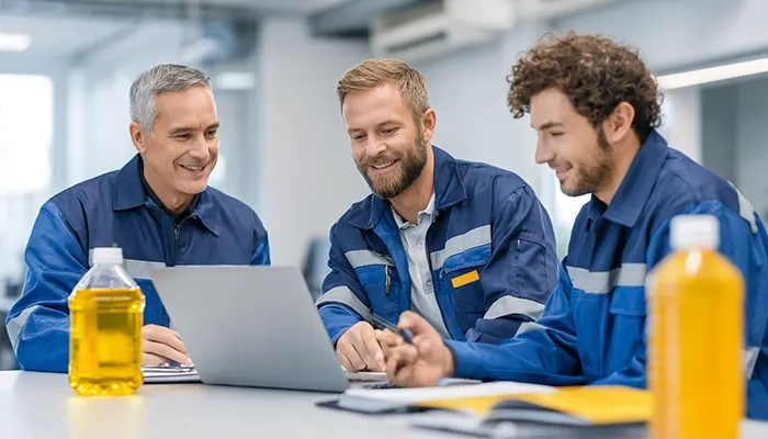 جلسه مشاوره فنی کارشناسان در تهران با نمونه روغن صنعتی روی میز.