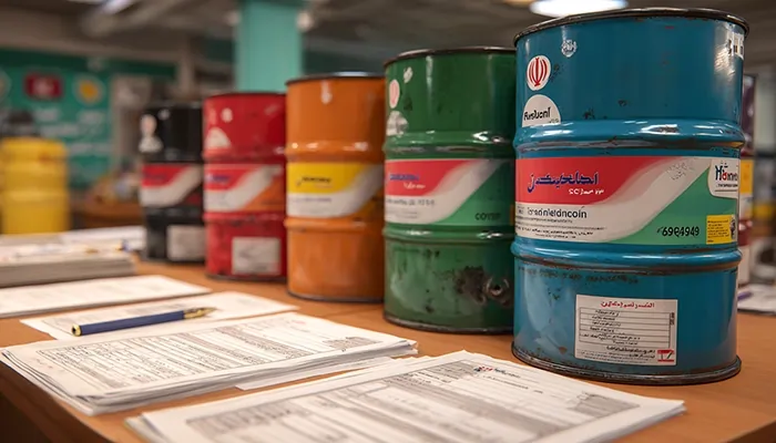 بشکه‌های رنگی روغن صنعتی با برندهای ایرانی در نمایشگاه | قیمت روغن صنعتی یزد