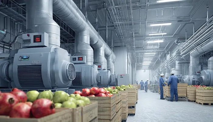 سردخانه صنعتی با کمپرسورهای بزرگ و جعبه‌های انار و سیب | روغن کمپرسور سردخانه یزد