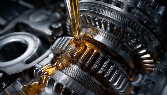 نمای نزدیک چرخ‌دنده‌های صنعتی در حال روغن‌کاری | بهترین روغن صنعتی یزد