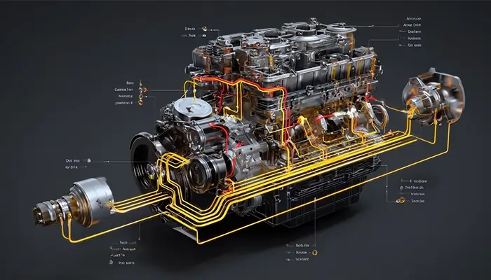 تصویر سه‌بعدی موتور دیزل با نمایش مسیر گردش روغن و سیستم روانکاری داخلی – شبیه‌سازی فنی موتور