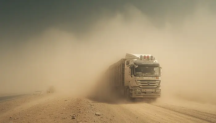 کامیون سنگین در جاده خاکی و طوفان شن – حمل بار در شرایط سخت و نیاز به روغن موتور مقاوم در زاهدان