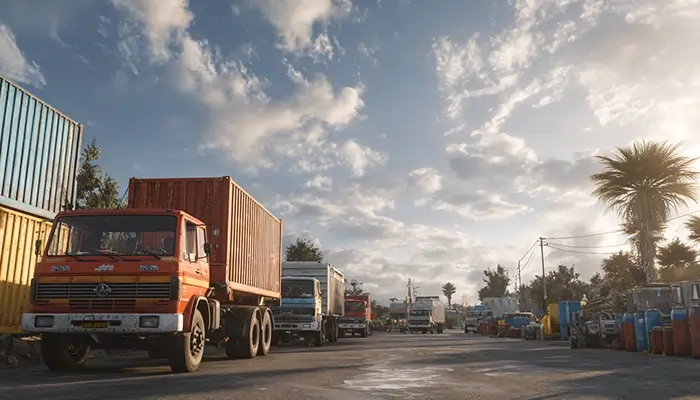 صف کامیون‌های باری در محوطه باربری با کانتینرهای رنگی و بشکه‌های روغن موتور در فضای باز